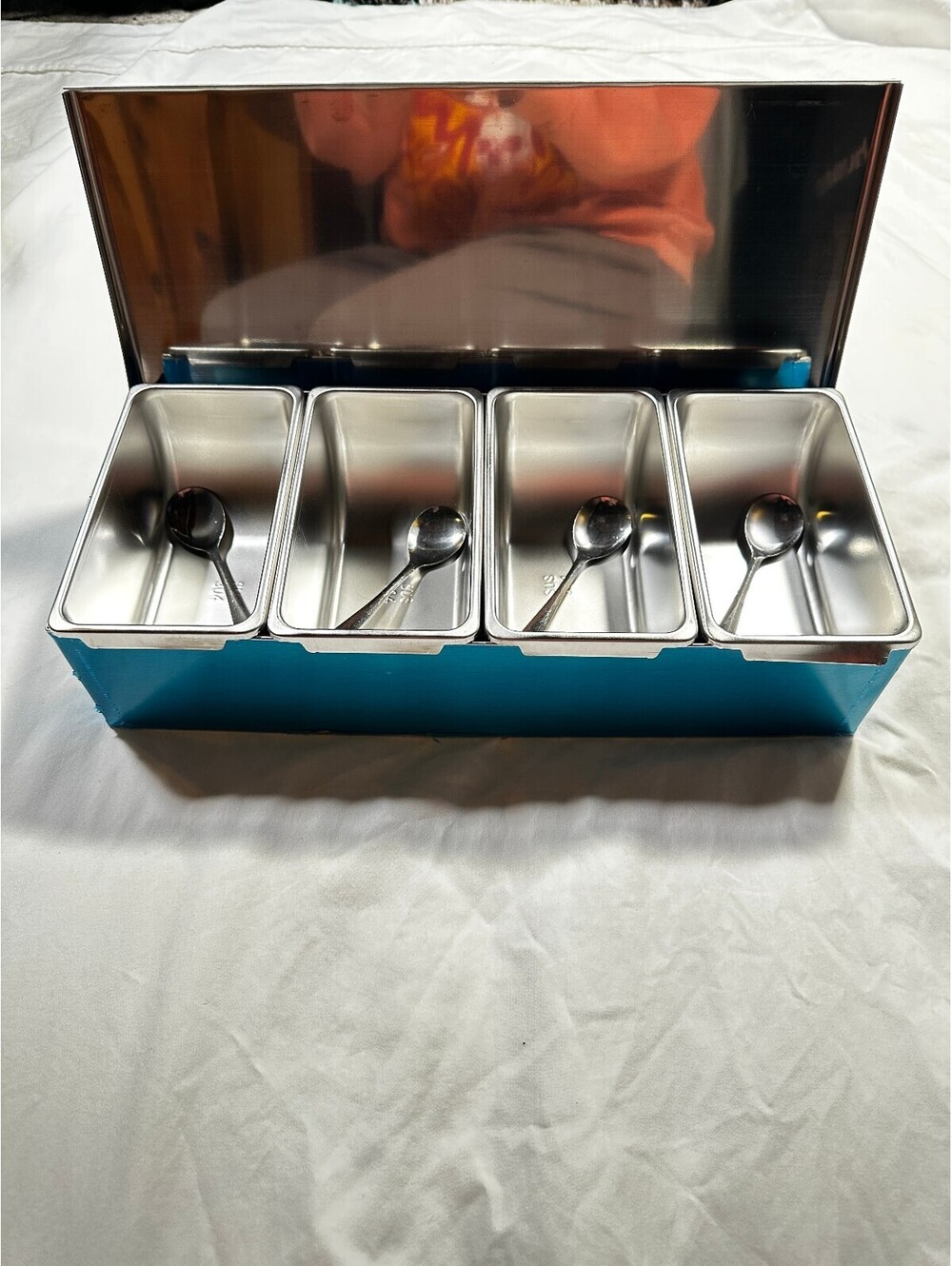 Stainless Steel 4-Compartment Condiment Garnish Station w/ Lid & Spoons